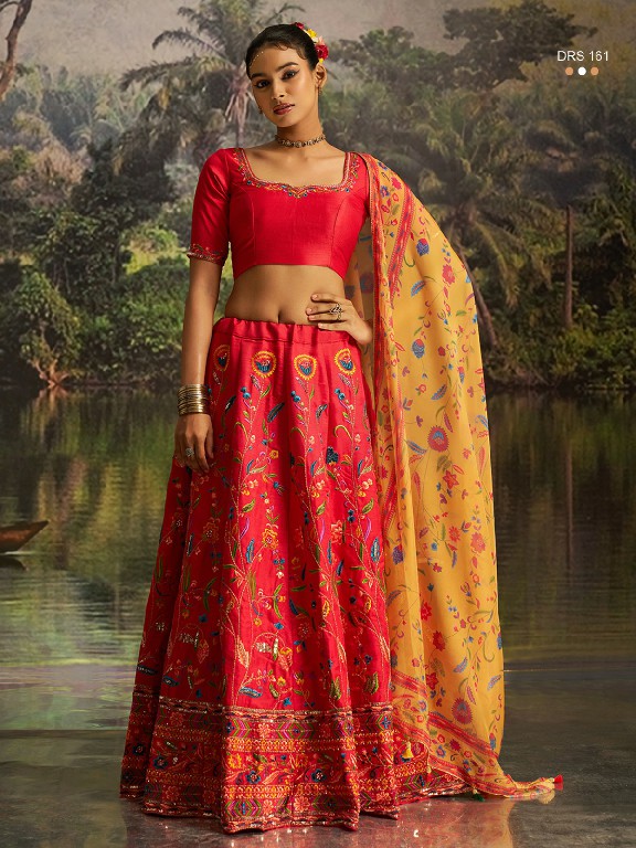 ARYA D.NO DRS-161 WHOLESALE CORAL RED SILK GLAMOURS STYLE LEHENGA CHOLI FOR EXPORT