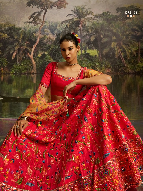 ARYA D.NO DRS-161 WHOLESALE CORAL RED SILK GLAMOURS STYLE LEHENGA CHOLI FOR EXPORT