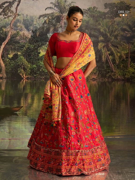 ARYA D.NO DRS-161 WHOLESALE CORAL RED SILK GLAMOURS STYLE LEHENGA CHOLI FOR EXPORT