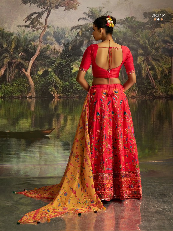 ARYA D.NO DRS-161 WHOLESALE CORAL RED SILK GLAMOURS STYLE LEHENGA CHOLI FOR EXPORT