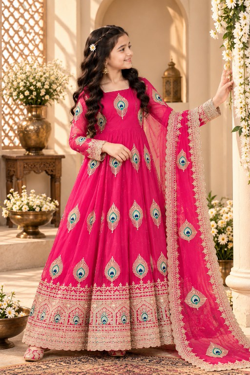 TEXTILEDEAL D.NO 254 WGHOLESALE READYMADE HEAVY FENDY SILK BEAUTIFUL FESTIVE WEAR GOWN WITH DUPATTA FOR KIDS ONLINE
