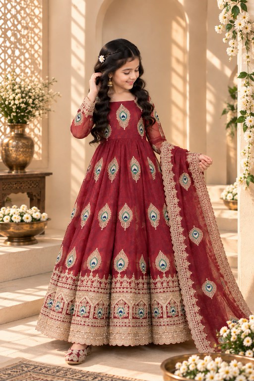 TEXTILEDEAL D.NO 254 WGHOLESALE READYMADE HEAVY FENDY SILK BEAUTIFUL FESTIVE WEAR GOWN WITH DUPATTA FOR KIDS ONLINE