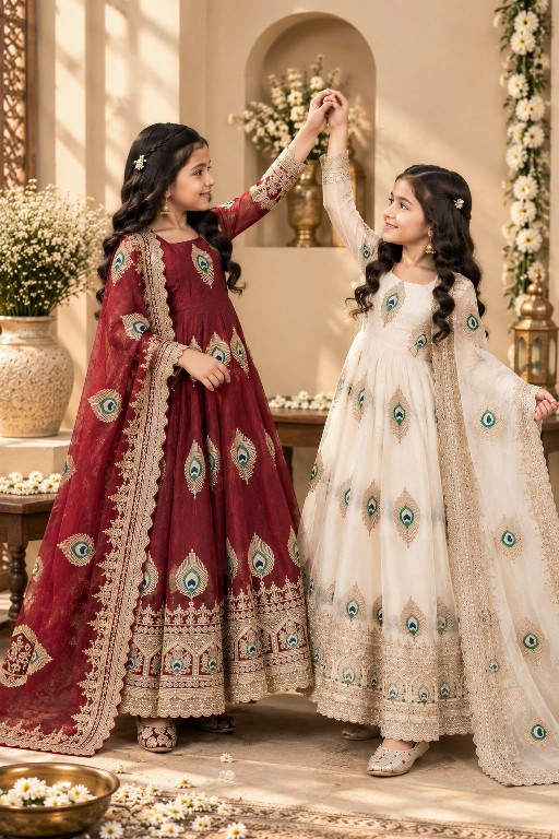 TEXTILEDEAL D.NO 254 WGHOLESALE READYMADE HEAVY FENDY SILK BEAUTIFUL FESTIVE WEAR GOWN WITH DUPATTA FOR KIDS ONLINE