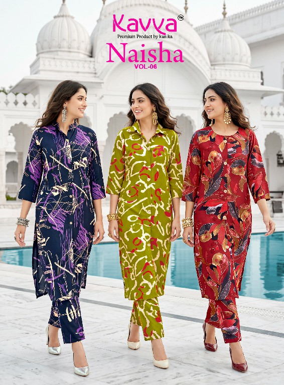 KAVYA NAISHA VOL 6 WHOLESALE READYMADE HEAVY RAYON TRENDY CASUAL WEAR CORD SET FOR EXPORT