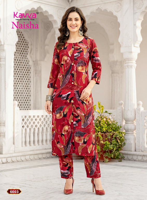 KAVYA NAISHA VOL 6 WHOLESALE READYMADE HEAVY RAYON TRENDY CASUAL WEAR CORD SET FOR EXPORT