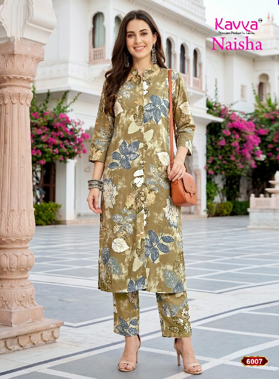 KAVYA NAISHA VOL 6 WHOLESALE READYMADE HEAVY RAYON TRENDY CASUAL WEAR CORD SET FOR EXPORT