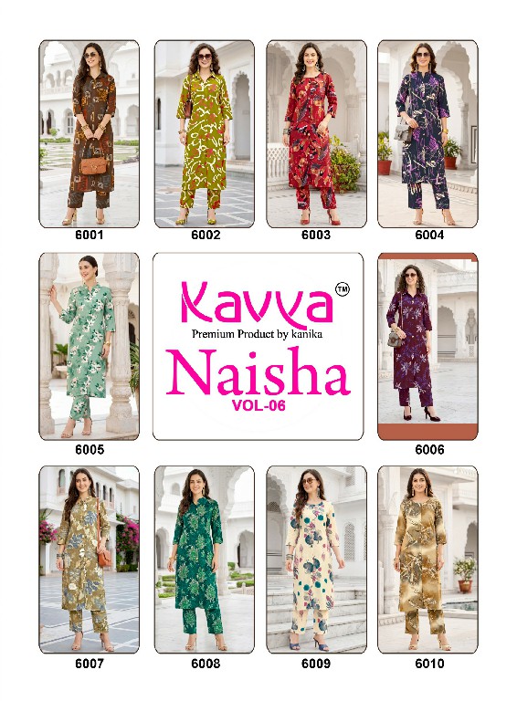 KAVYA NAISHA VOL 6 WHOLESALE READYMADE HEAVY RAYON TRENDY CASUAL WEAR CORD SET FOR EXPORT
