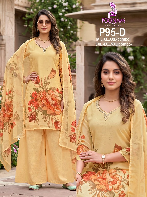 POONAM DESIGNER D.NO  P95 WHOLESALE READYMADE PURE GEORGETTE FESTIVAL HAND WORK COLLECTION BIG SIZE 3 PCS COMBO SET SUITS EXPORTER