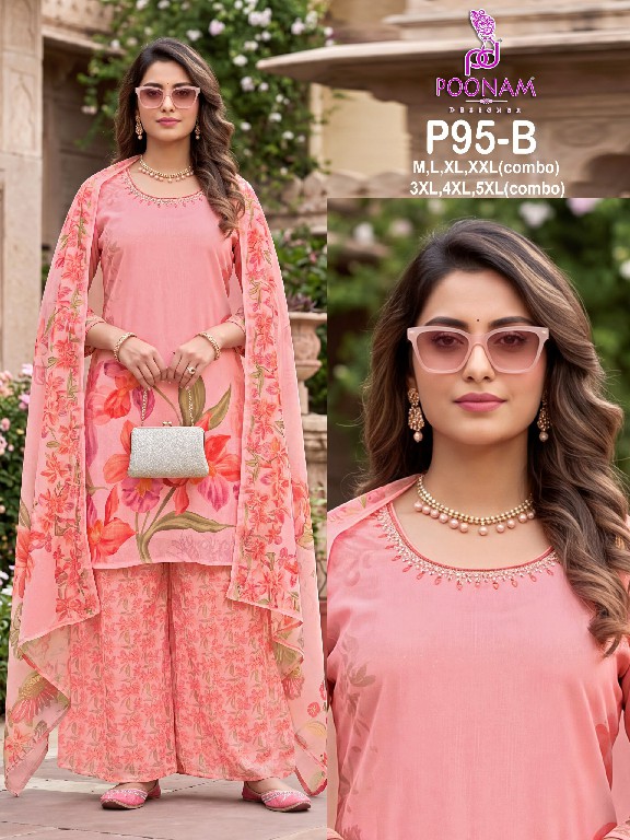 POONAM DESIGNER D.NO  P95 WHOLESALE READYMADE PURE GEORGETTE FESTIVAL HAND WORK COLLECTION BIG SIZE 3 PCS COMBO SET SUITS EXPORTER