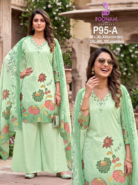 POONAM DESIGNER D.NO  P95 WHOLESALE READYMADE PURE GEORGETTE FESTIVAL HAND WORK COLLECTION BIG SIZE 3 PCS COMBO SET SUITS EXPORTER