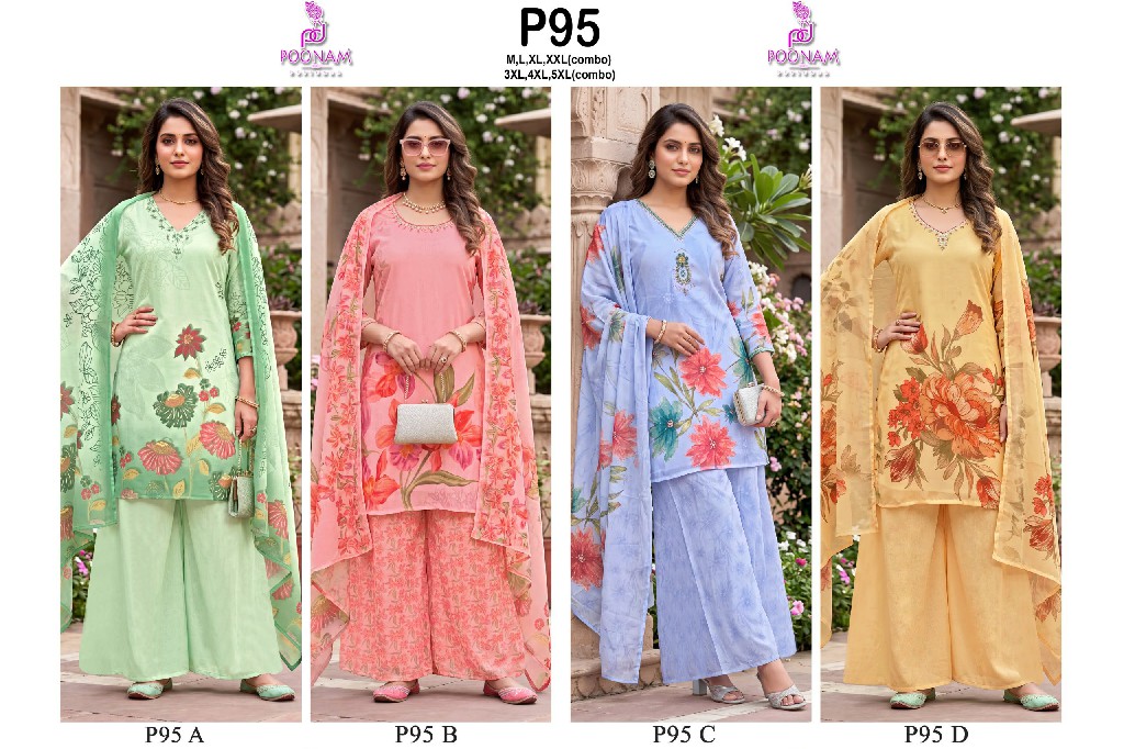 POONAM DESIGNER D.NO  P95 WHOLESALE READYMADE PURE GEORGETTE FESTIVAL HAND WORK COLLECTION BIG SIZE 3 PCS COMBO SET SUITS EXPORTER