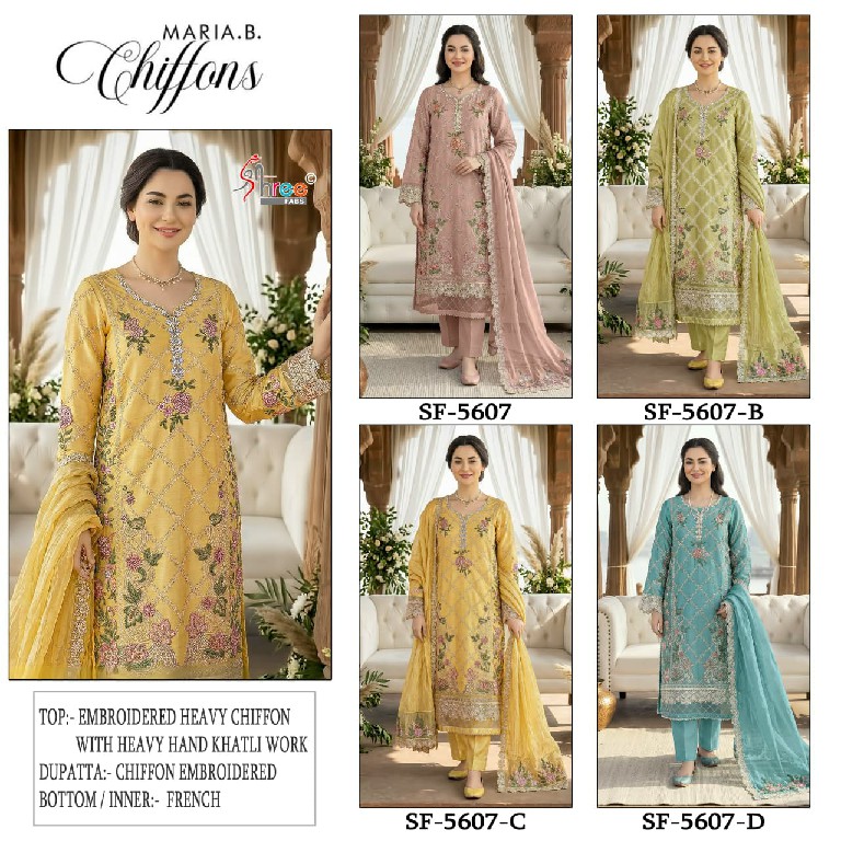 SHREE FABS D.NO 5607 WHOLESALE HEAVY CHIFFON PAKISTANI HIT DESIGN UNSTITCH SALWAR SUITS EXPORTER