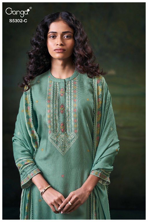 GANGA JAELA S5302 WHOLESALE PURE WOOL PASHMINA WINTER SPECIAL UNSTITCH SALWAR SUITS FOR EXPORT