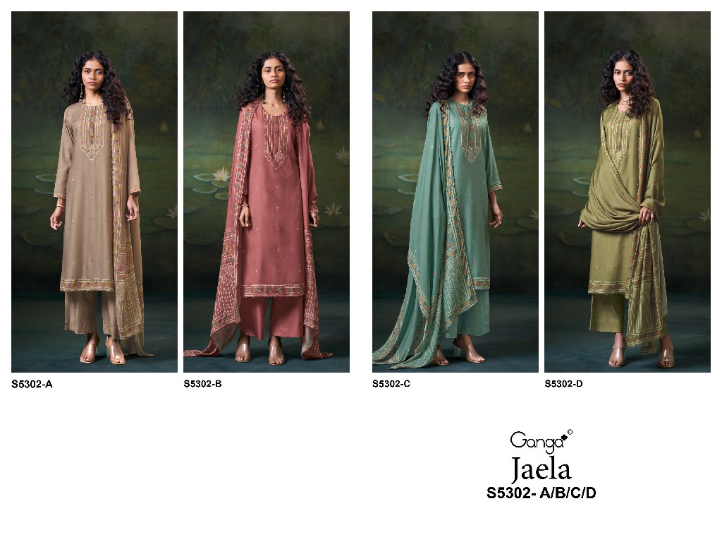 GANGA JAELA S5302 WHOLESALE PURE WOOL PASHMINA WINTER SPECIAL UNSTITCH SALWAR SUITS FOR EXPORT
