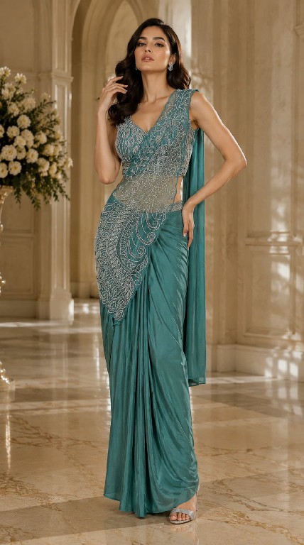 AMOHA D.NO 102417 WHOLESALE IMPORTED LYCRA READY TO WEAR DESIGNER SAREES FOR WOMEN EXPORTER