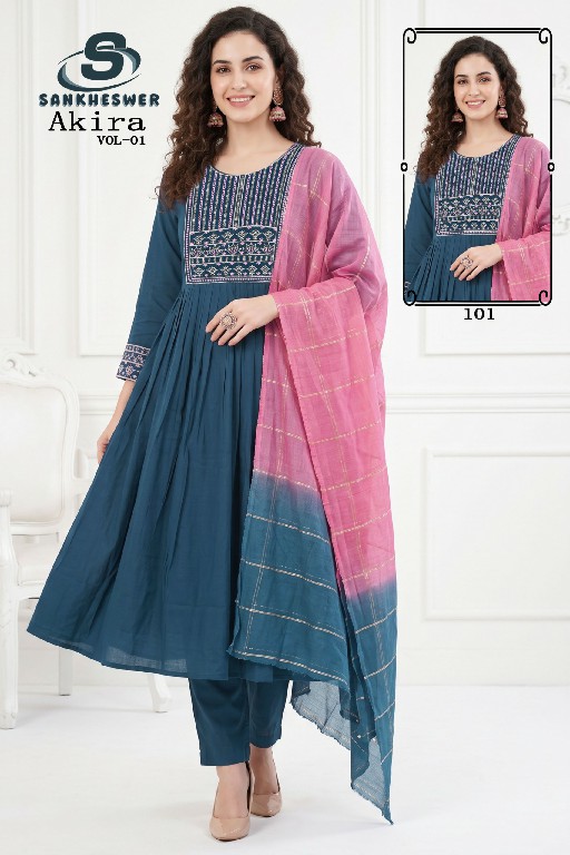 SANKHESWER AKIRA VOL 1 WHOLESALE READYMADE MUL CHANDERI ANARKALI STYLE 3 PCS COMBO SET SUITS FOR EXPORT