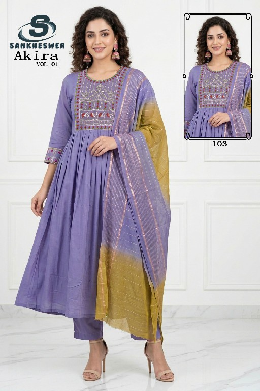 SANKHESWER AKIRA VOL 1 WHOLESALE READYMADE MUL CHANDERI ANARKALI STYLE 3 PCS COMBO SET SUITS FOR EXPORT