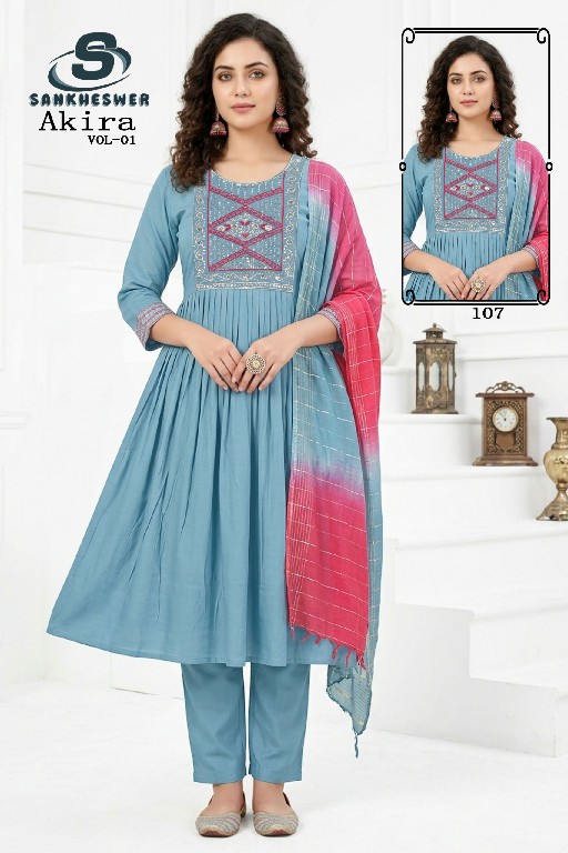 SANKHESWER AKIRA VOL 1 WHOLESALE READYMADE MUL CHANDERI ANARKALI STYLE 3 PCS COMBO SET SUITS FOR EXPORT
