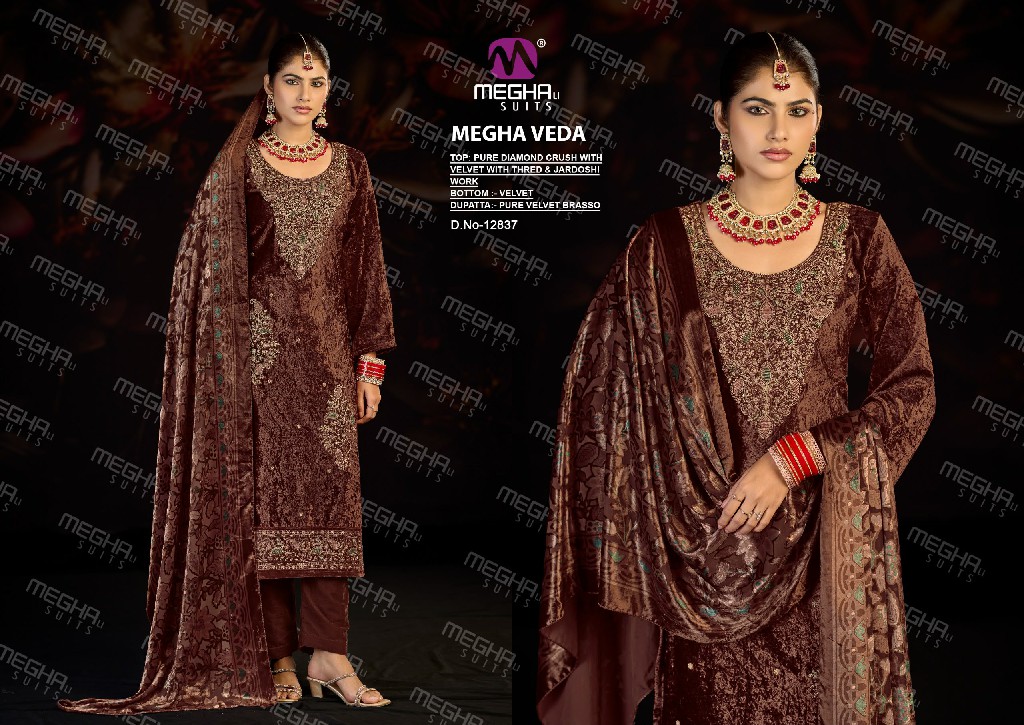 MEGHALI VEDA WHOLESALE PURE DIAMOND CRUSH VELVET WINTER WEAR UNSTITCH SALWAR SUITS EXPORTER
