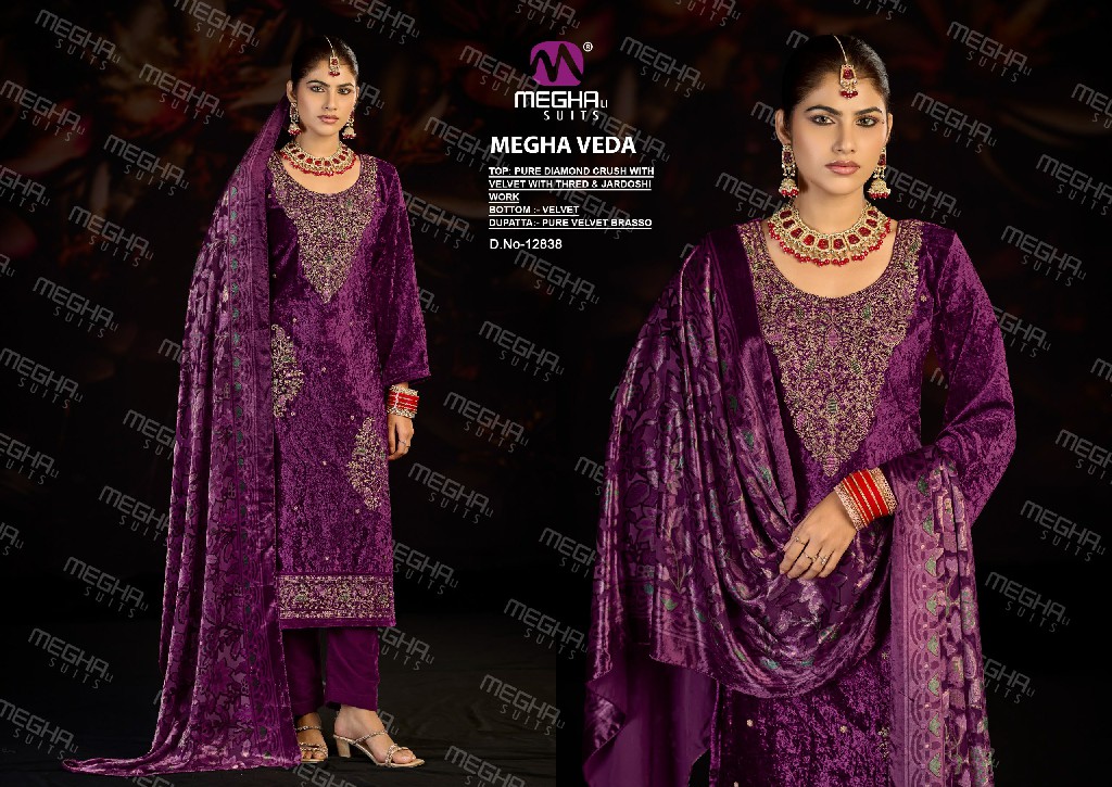 MEGHALI VEDA WHOLESALE PURE DIAMOND CRUSH VELVET WINTER WEAR UNSTITCH SALWAR SUITS EXPORTER