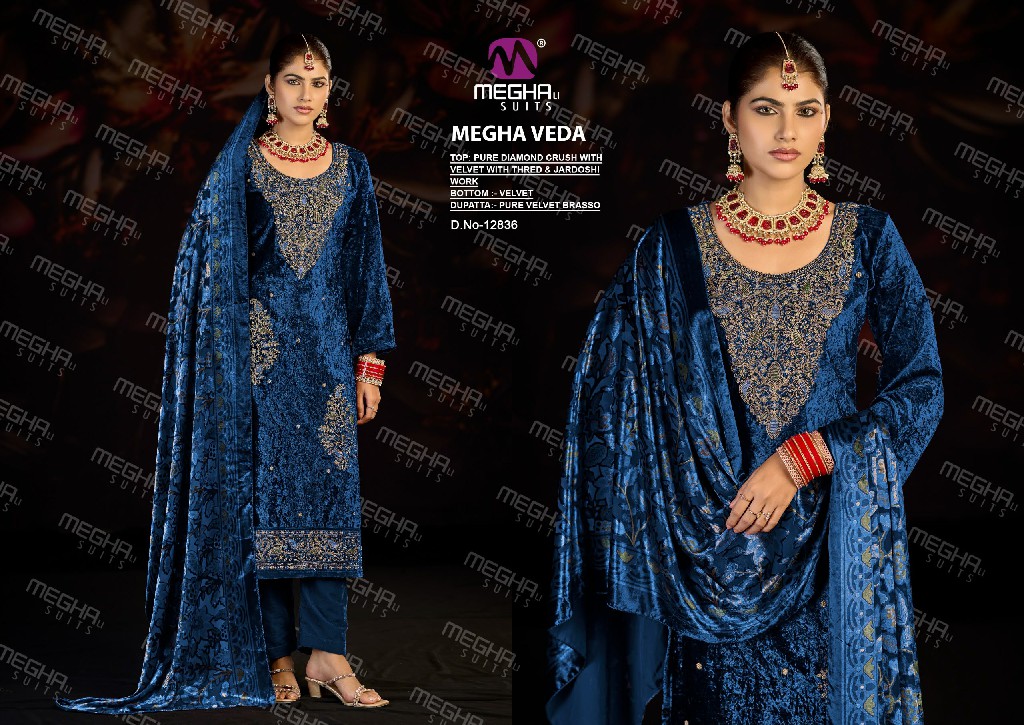 MEGHALI VEDA WHOLESALE PURE DIAMOND CRUSH VELVET WINTER WEAR UNSTITCH SALWAR SUITS EXPORTER