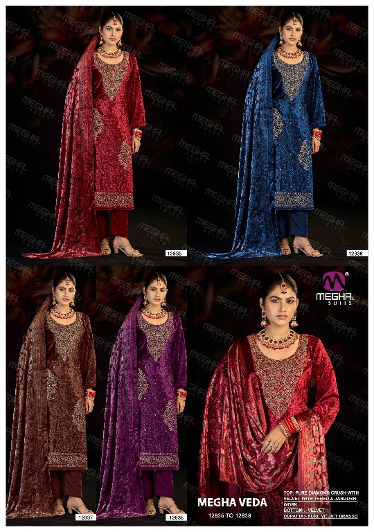 MEGHALI VEDA WHOLESALE PURE DIAMOND CRUSH VELVET WINTER WEAR UNSTITCH SALWAR SUITS EXPORTER