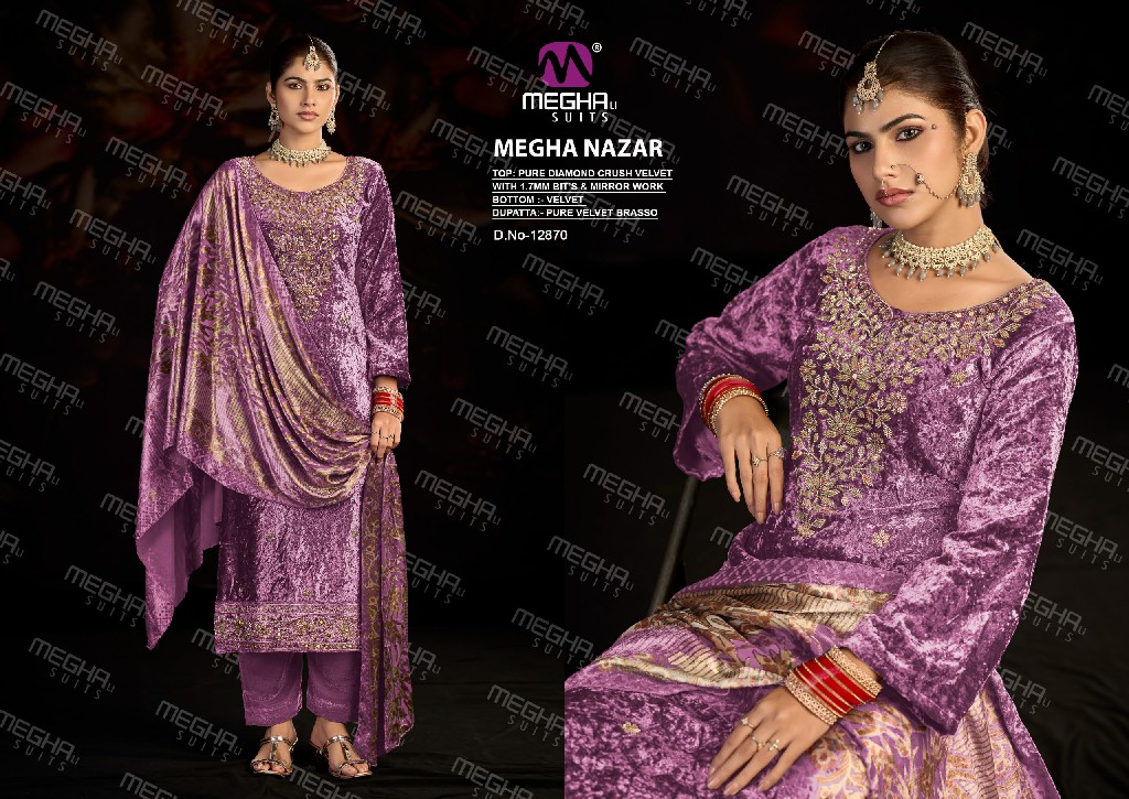 MEGHALI NAZAR WHOLESALE PURE DIAMOND CRUSH VELVET WINTER ELEGANT LOOK UNSTITCH SALWAR SUITS SUPPLIER