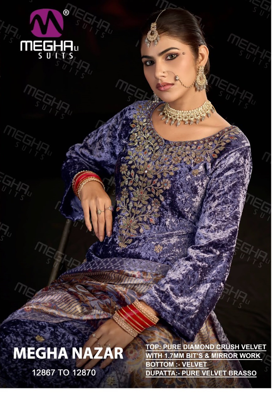 MEGHALI NAZAR WHOLESALE PURE DIAMOND CRUSH VELVET WINTER ELEGANT LOOK UNSTITCH SALWAR SUITS SUPPLIER