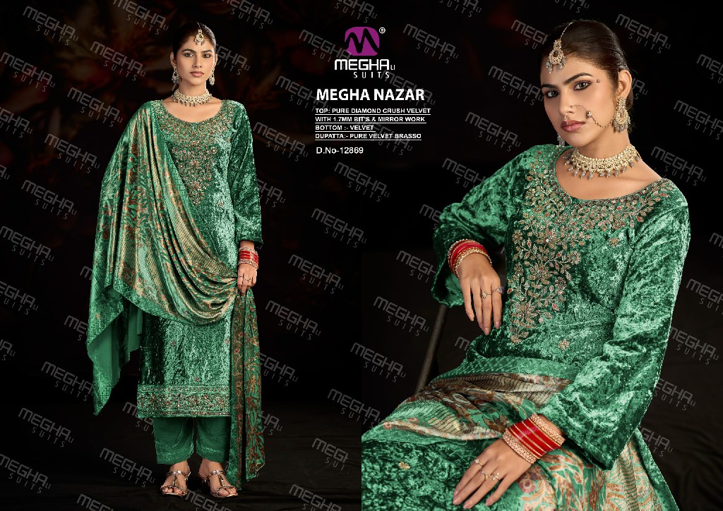 MEGHALI NAZAR WHOLESALE PURE DIAMOND CRUSH VELVET WINTER ELEGANT LOOK UNSTITCH SALWAR SUITS SUPPLIER