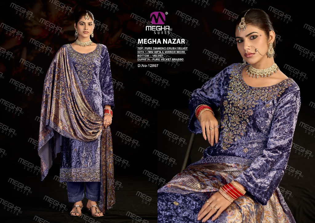 MEGHALI NAZAR WHOLESALE PURE DIAMOND CRUSH VELVET WINTER ELEGANT LOOK UNSTITCH SALWAR SUITS SUPPLIER