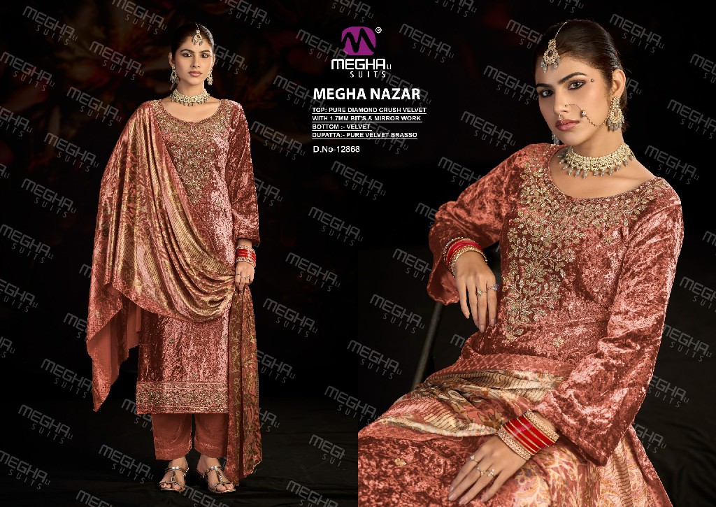MEGHALI NAZAR WHOLESALE PURE DIAMOND CRUSH VELVET WINTER ELEGANT LOOK UNSTITCH SALWAR SUITS SUPPLIER