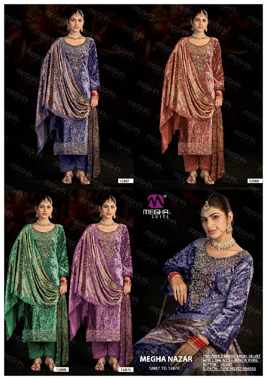 MEGHALI NAZAR WHOLESALE PURE DIAMOND CRUSH VELVET WINTER ELEGANT LOOK UNSTITCH SALWAR SUITS SUPPLIER