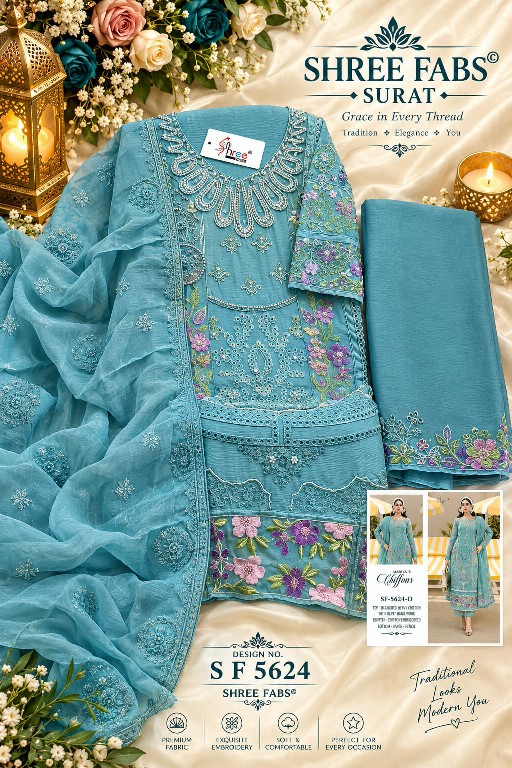SHREE FABS D.NO 5624 WHOLESALE CHIFFON PAKISTANI POPULAR DESIGN UNSTITCH SALWAR SUITS EXPORTER