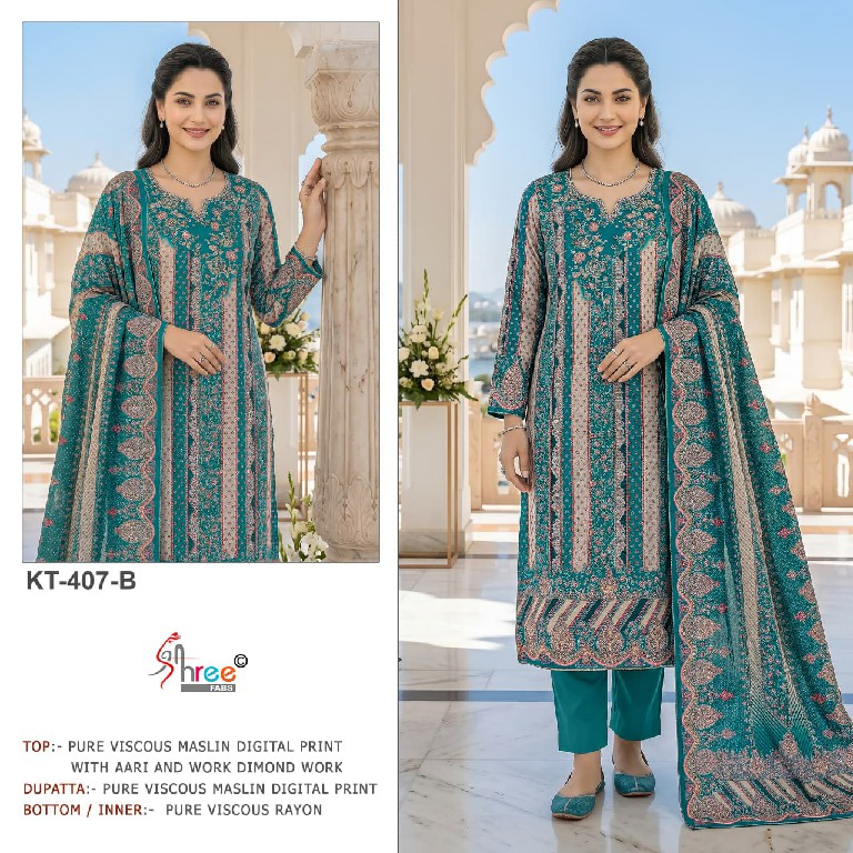 SHREE FABS D.NO KT-407 WHOLESALE VISCOSE MUSLIN BEAUTIFUL DESIGN UNSTITCH SALWAR SUITS SUPPLIER