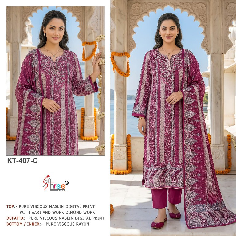 SHREE FABS D.NO KT-407 WHOLESALE VISCOSE MUSLIN BEAUTIFUL DESIGN UNSTITCH SALWAR SUITS SUPPLIER