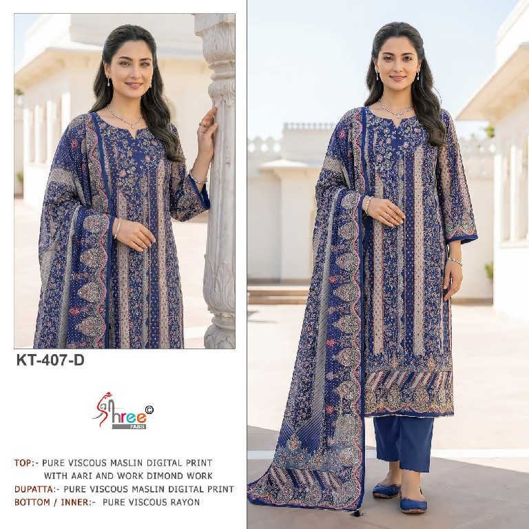 SHREE FABS D.NO KT-407 WHOLESALE VISCOSE MUSLIN BEAUTIFUL DESIGN UNSTITCH SALWAR SUITS SUPPLIER