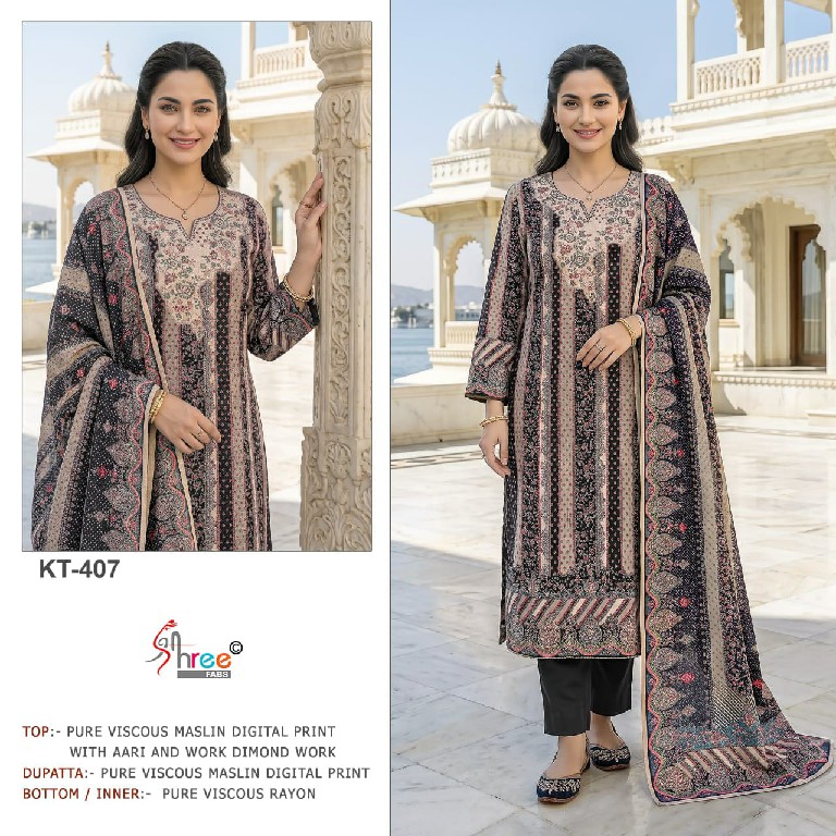 SHREE FABS D.NO KT-407 WHOLESALE VISCOSE MUSLIN BEAUTIFUL DESIGN UNSTITCH SALWAR SUITS SUPPLIER