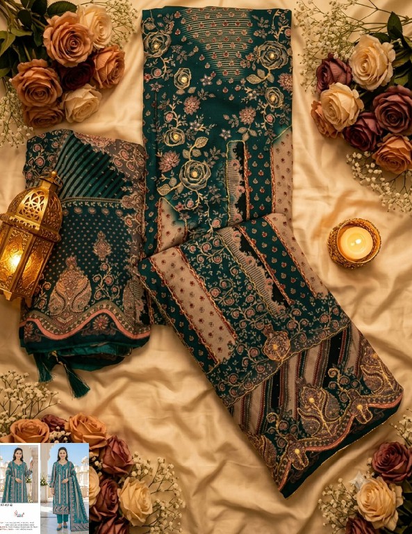 SHREE FABS D.NO KT-407 WHOLESALE VISCOSE MUSLIN BEAUTIFUL DESIGN UNSTITCH SALWAR SUITS SUPPLIER
