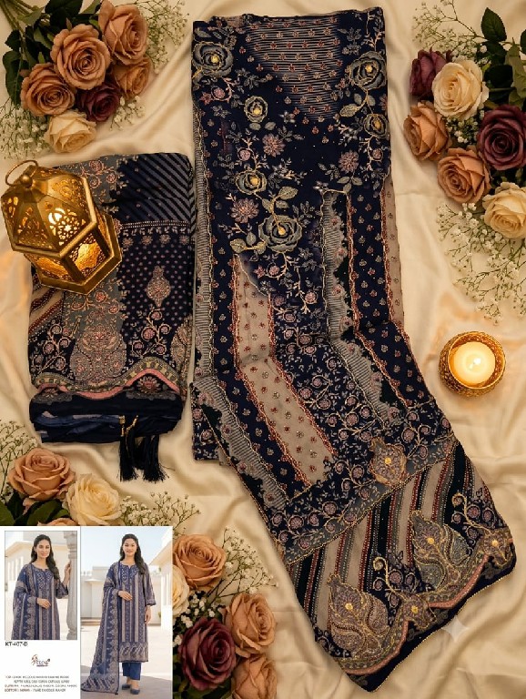 SHREE FABS D.NO KT-407 WHOLESALE VISCOSE MUSLIN BEAUTIFUL DESIGN UNSTITCH SALWAR SUITS SUPPLIER
