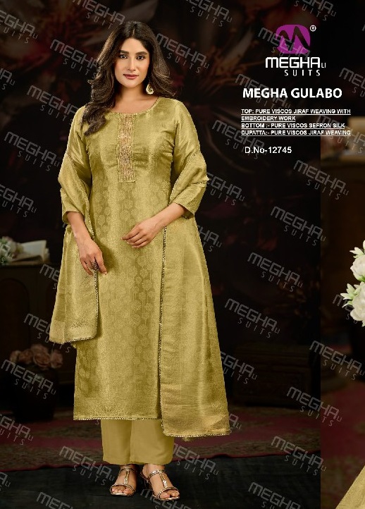 MEGHALI GULABO WHOLESALE PURE VISCOSE JIRAF WEAVING WITH WORK UNSTITCH SALWAR SUITS FOR EXPORT