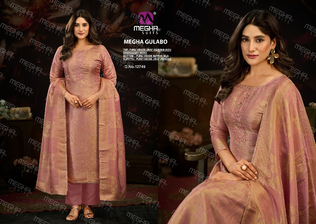 MEGHALI GULABO WHOLESALE PURE VISCOSE JIRAF WEAVING WITH WORK UNSTITCH SALWAR SUITS FOR EXPORT