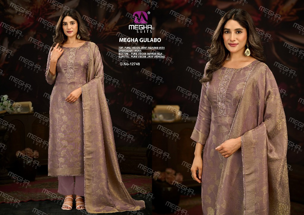 MEGHALI GULABO WHOLESALE PURE VISCOSE JIRAF WEAVING WITH WORK UNSTITCH SALWAR SUITS FOR EXPORT
