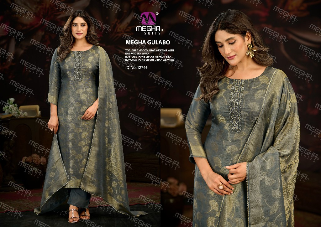 MEGHALI GULABO WHOLESALE PURE VISCOSE JIRAF WEAVING WITH WORK UNSTITCH SALWAR SUITS FOR EXPORT