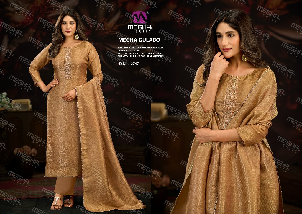 MEGHALI GULABO WHOLESALE PURE VISCOSE JIRAF WEAVING WITH WORK UNSTITCH SALWAR SUITS FOR EXPORT