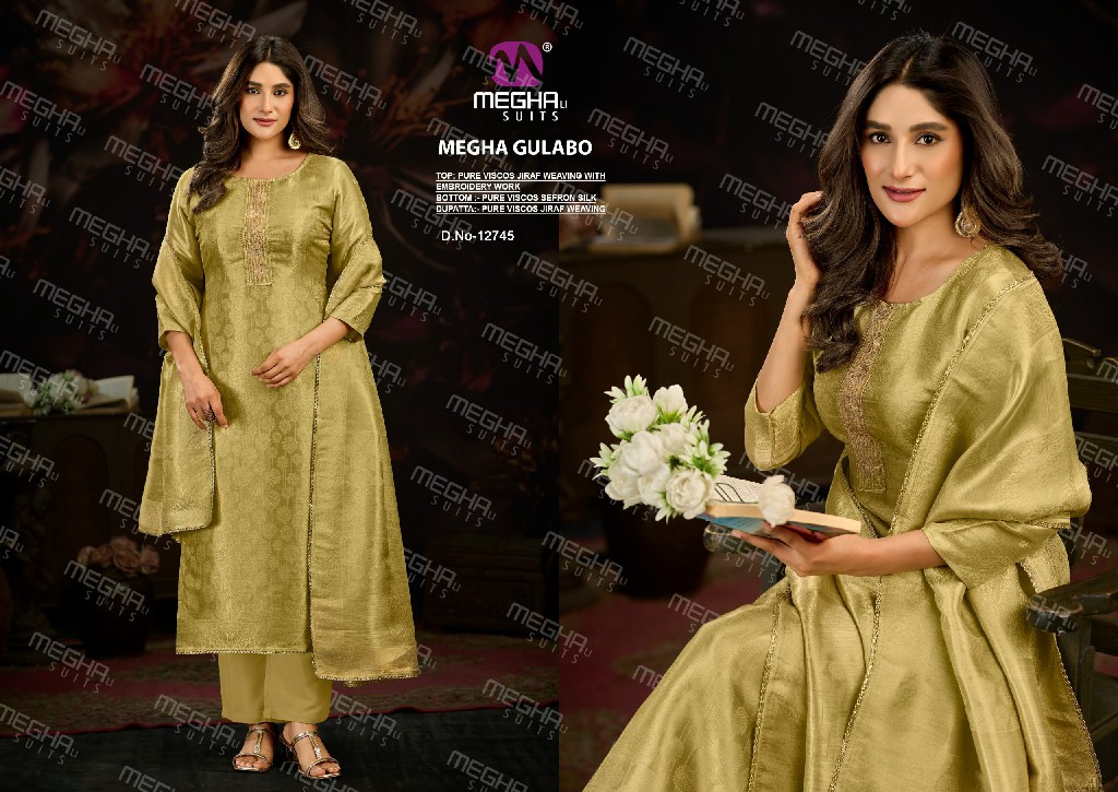 MEGHALI GULABO WHOLESALE PURE VISCOSE JIRAF WEAVING WITH WORK UNSTITCH SALWAR SUITS FOR EXPORT