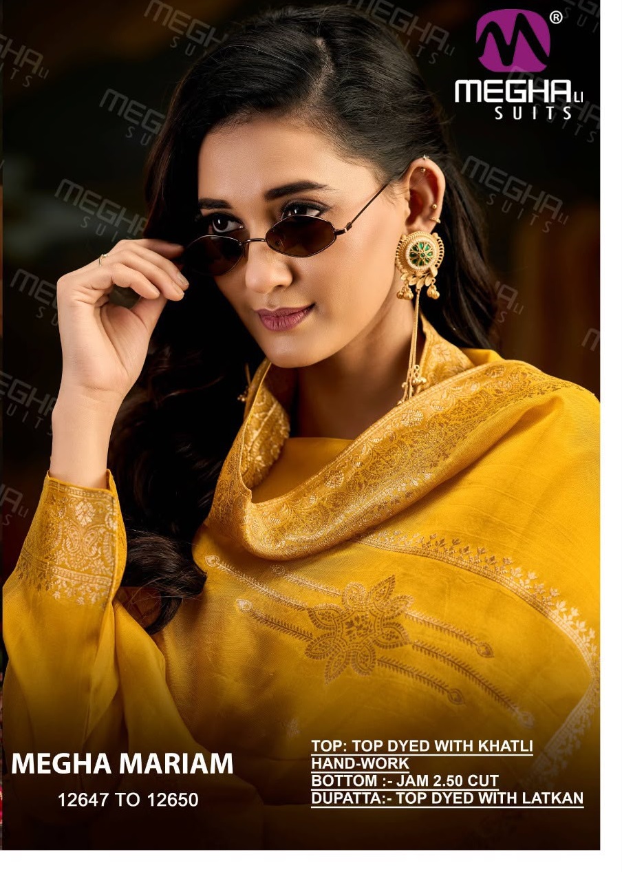 MEGHALI MARIAM WHOLESALE DYED WITH KHATLI HAND WORK UNSTITCH SALWAR SUITS EXPORTER