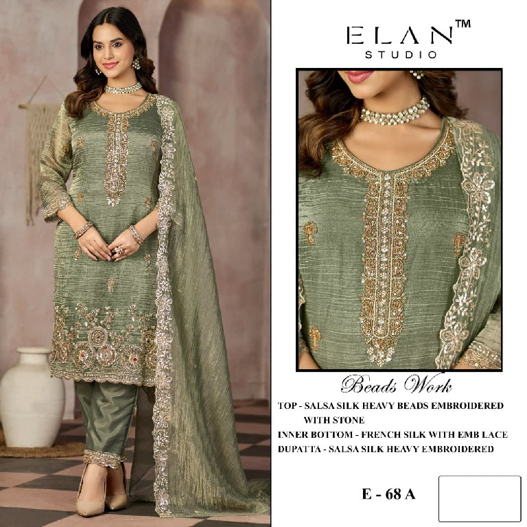 ELAN STUDIO D.NO E-68 WHOLESALE SALSA HEAVY BEADS WORK ELEGANT UNSTITCH SALWAR SUITS EXPORTER