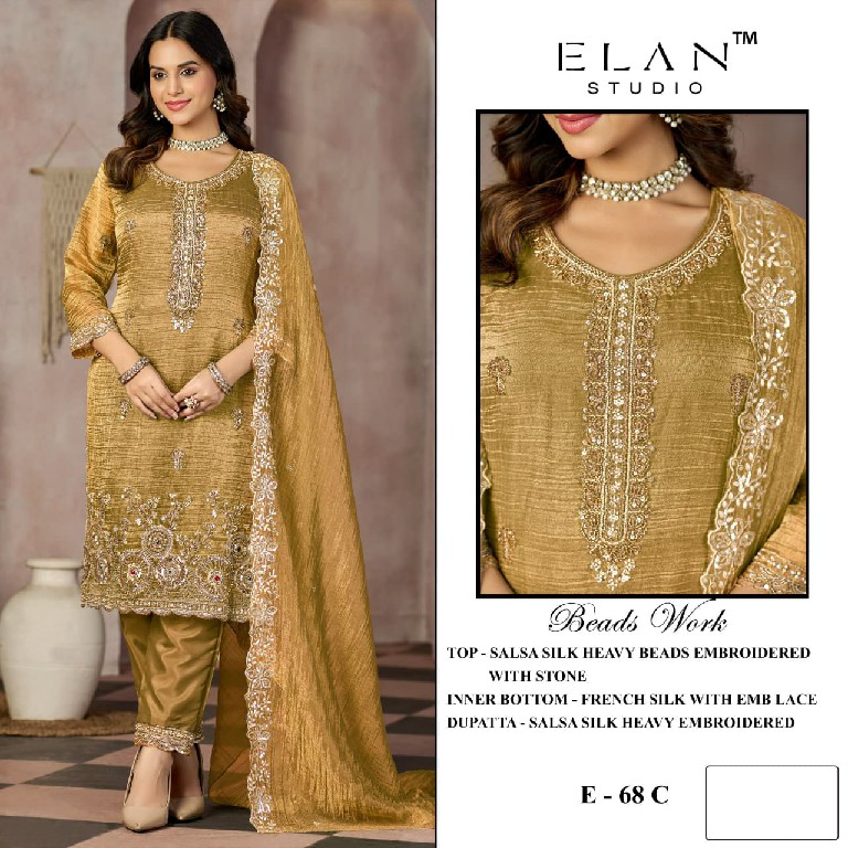 ELAN STUDIO D.NO E-68 WHOLESALE SALSA HEAVY BEADS WORK ELEGANT UNSTITCH SALWAR SUITS EXPORTER