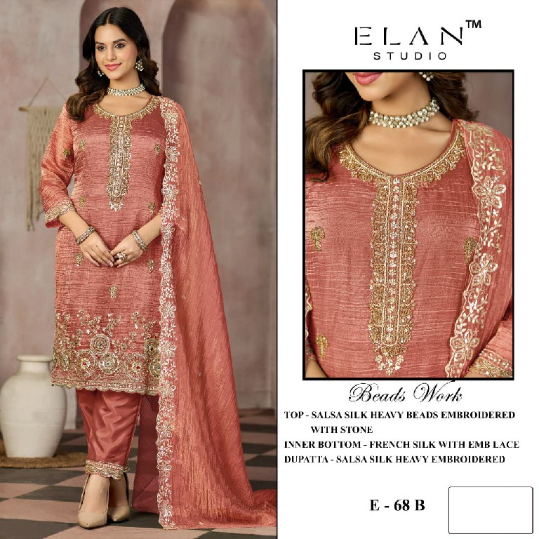 ELAN STUDIO D.NO E-68 WHOLESALE SALSA HEAVY BEADS WORK ELEGANT UNSTITCH SALWAR SUITS EXPORTER