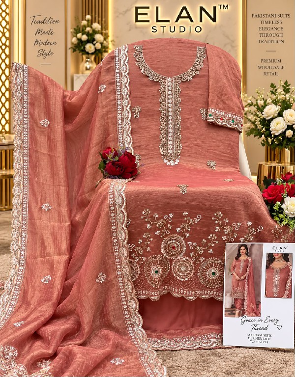 ELAN STUDIO D.NO E-68 WHOLESALE SALSA HEAVY BEADS WORK ELEGANT UNSTITCH SALWAR SUITS EXPORTER
